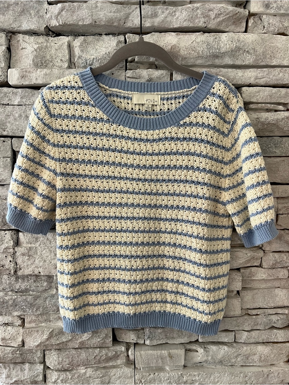 Pinch Striped Short-Sleeve Knit Sweater - Blue & Cream